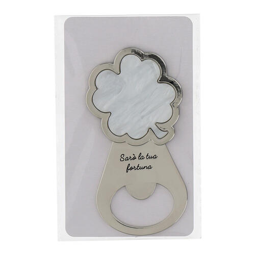 Clover-shaped bottle opener with inscription, religious favour, 4x2 in 4
