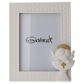 First Communion photo frame with angel, white and golden resin, 5x3.5 in