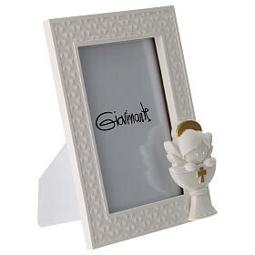 First Communion photo frame with angel, white and golden resin, 5x3.5 in