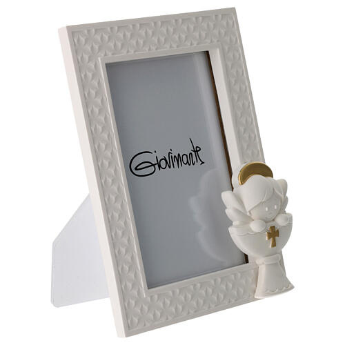 First Communion photo frame with angel, white and golden resin, 5x3.5 in 2