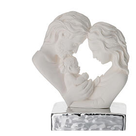 Holy Family heart-shaped sculpture, white resin with silver base, 4x4x2 in