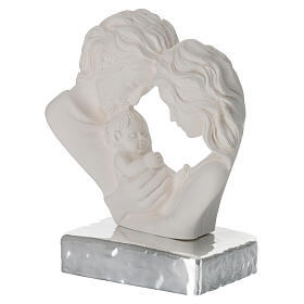 Holy Family heart-shaped sculpture, white resin with silver base, 4x4x2 in