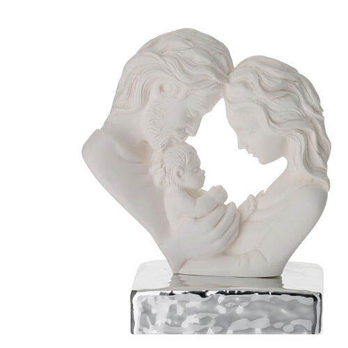 Holy Family heart-shaped sculpture, white resin with silver base, 4x4x2 in 1