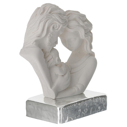 Holy Family heart-shaped sculpture, white resin with silver base, 4x4x2 in 3