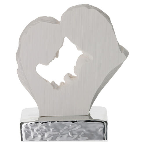 Holy Family heart-shaped sculpture, white resin with silver base, 4x4x2 in 4