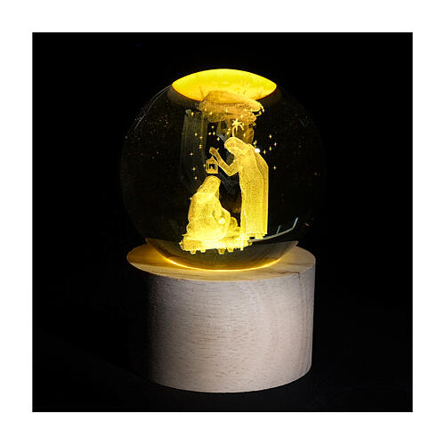 Holy Family Crystal Globe Wedding Favor with Illuminated Wooden Base, 9 cm 4