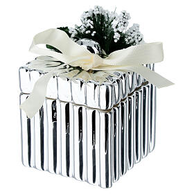 Cofre cuadrado plateado con lazo y decoración de flores 5x5 cm Bagutta