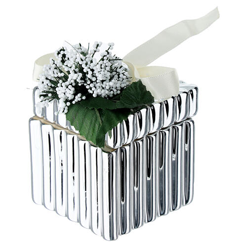 Cofanetto quadrato argentato con fiocchetto e decoro fiori 5x5 cm Bagutta 4