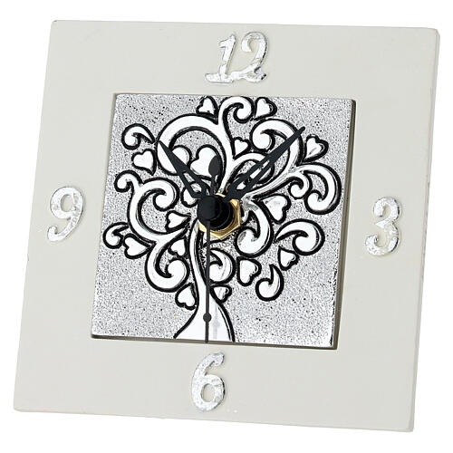 Square resin clock favour with silvered Tree of Life by Bagutta, 4x4 in 1