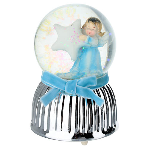 Caixa de música globo de neve com anjinho azul estrela 13 cm Bagutta 1