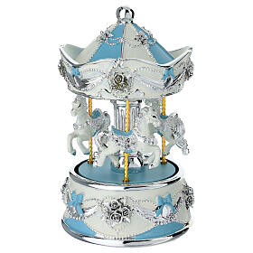 Carrousel musical bleu chevaux finitions blanches et argentées 15 cm Bagutta