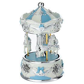 Carrousel musical bleu chevaux finitions blanches et argentées 15 cm Bagutta