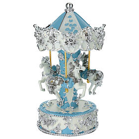 Carrousel musical bleu chevaux finitions blanches et argentées 23 cm Bagutta