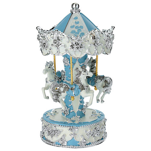 Carrousel musical bleu chevaux finitions blanches et argentées 23 cm Bagutta 2