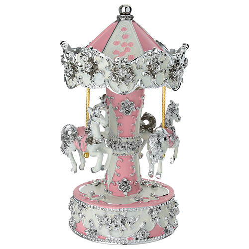 Karussell-Spieluhr mit rosa Pferdchen weiße und silberne Verzierungen 23 cm 2