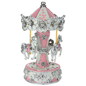 Pink carousel music box with white and silver accents, 9 in, Bagutta