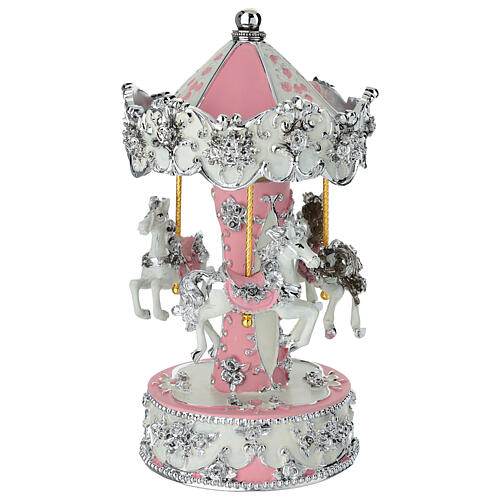 Pink carousel music box with white and silver accents, 9 in, Bagutta 1