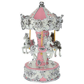 Carrossel musical cavalinhos cor-de-rosa com acabamentos brancos e prateados 23 cm Bagutta