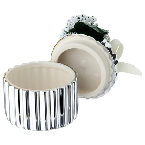 Cofanetto rotondo argentato con fiocchetto e decoro fiori 6 cm Bagutta 4