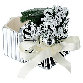 Sechseckige versilberte Schachtel mit Schleife und Blumendekoration 5 cm Bagutta