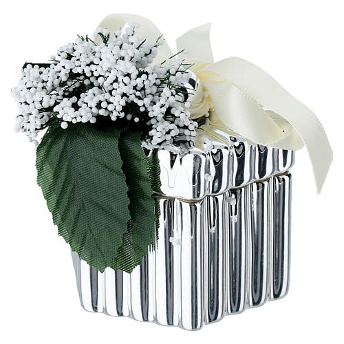 Cofanetto esagonale argentato con fiocchetto e decoro fiori 5 cm Bagutta 3