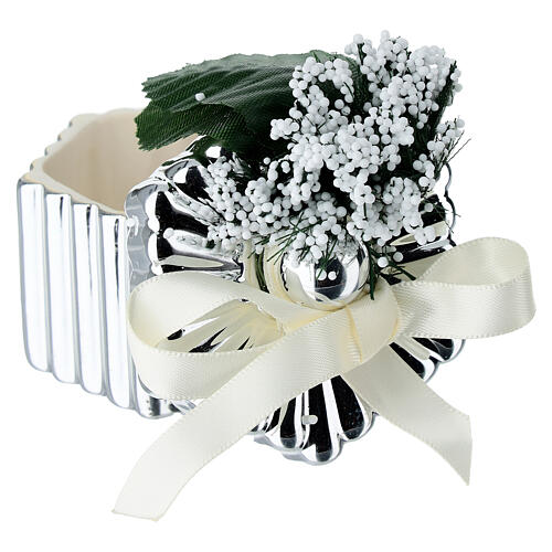 Silver-plated hexagonal trinket box with bow and floral decoration 5 cm, Bagutta 2