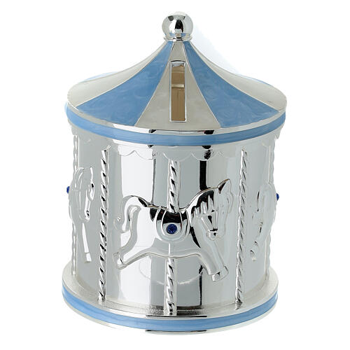 Bomboniera salvadanaio giostra con cavalli azzurro 12 cm Bagutta 1
