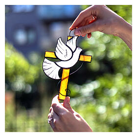 Coloured glass cross and Holy Spirit dove