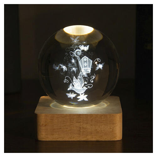 Recuerdo Confirmación esfera cristal paloma iluminada pilas LED 8 cm 2