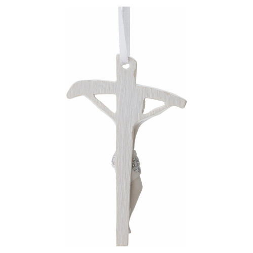 Resin religious favor white stylized crucifix with bow 9x6 cm 2
