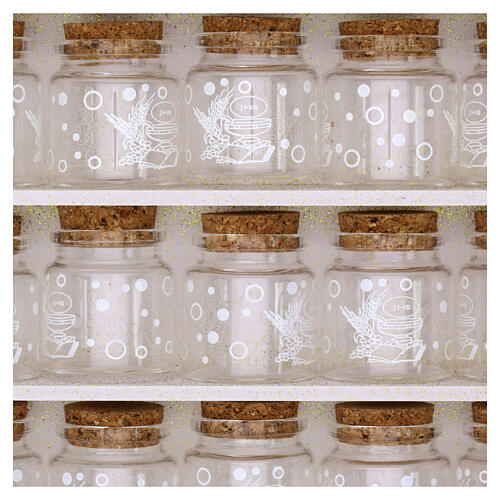 First Communion display cabinet set with 24 favour jars, gold decorations, 20x14x4 in 2