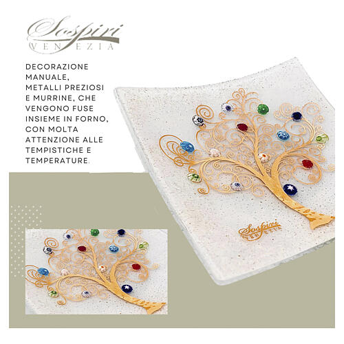 Centre de table carré 30x30 cm en verre de Murano avec Arbre de Vie blanc 5