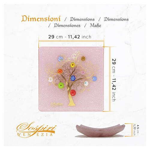 Murano Glass Decorative Centerpiece plate, 30 x 30 cm Pink with Tree of Life 3