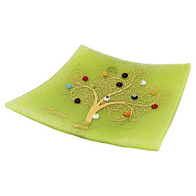Centro de mesa de vidrio de Murano 30x30 cm con Árbol De La Vida verde veneciano