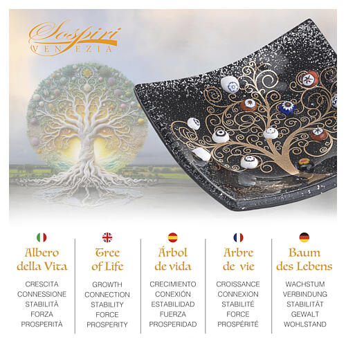 Centro de mesa negro de vidrio de Murano 40x40 cm Árbol de la Vida con murrinas 2
