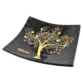Centro de mesa quadrado preto em vidro de Murano 40x40 cm com Árvore da Vida em murrinas