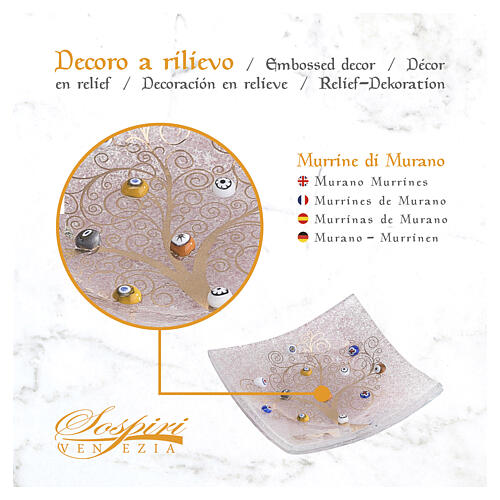 Centrotavola rosa in vetro di Murano 40x40cm decorato con Albero della Vita e murrine 4