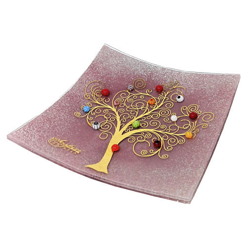 Centro de mesa cor-de-rosa em vidro de Murano 40x40 cm decorado com Árvore da Vida e murrinas 1