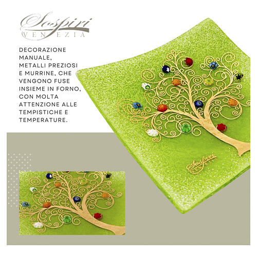 Centro de mesa verde de vidrio de Murano 40x40 cm Árbol de la Vida con murrinas 5