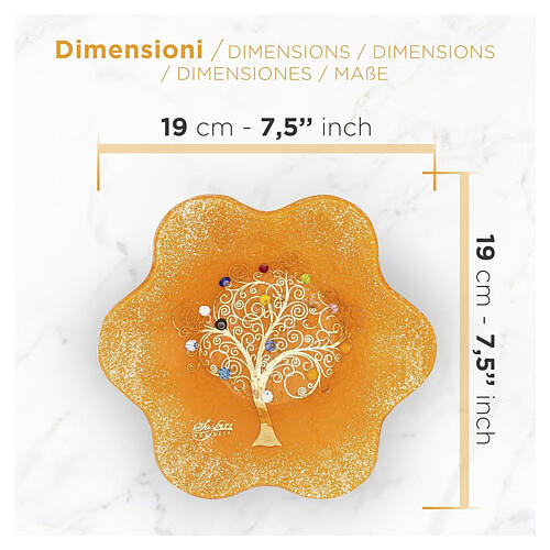 Cuenco naranja  flor de vidrio de Murano 20x20 cm con Árbol de la Vida dorado 3