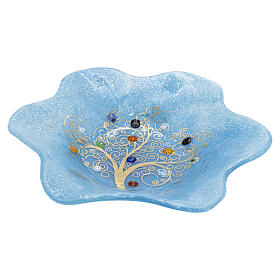 Blue Murano glass flower bowl with Tree of Life, 7.5x7.5 in