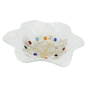 White Murano glass bowl, 7.5x7.5 in, flower shape with central Tree of Life