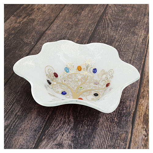 White Murano glass bowl, 7.5x7.5 in, flower shape with central Tree of Life 4