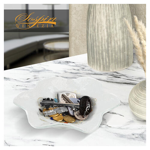 White Murano glass bowl, 7.5x7.5 in, flower shape with central Tree of Life 5