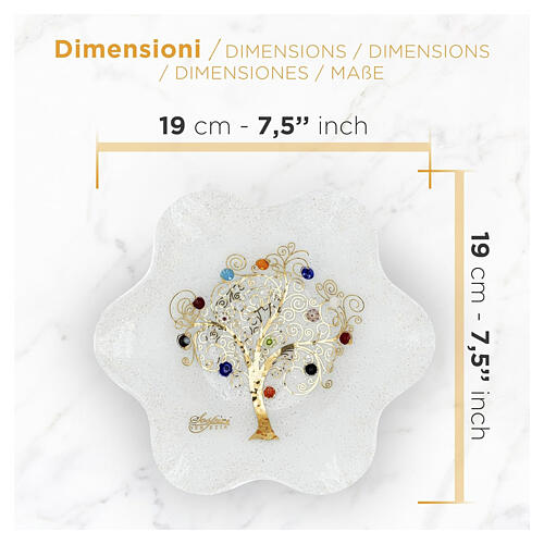 Coupe blanche en verre de Murano 20x20 cm, forme florale, Arbre de la Vie central 3