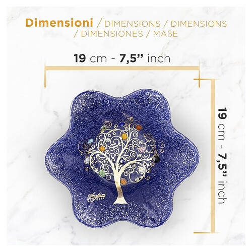 Bol bleu en forme de fleur 20x20 cm en verre de Murano avec Arbre de Vie en or véritable 3