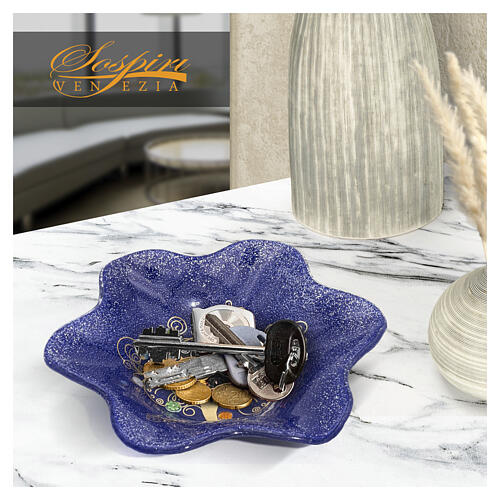 Tigela azul em forma de flor 20x20 cm em vidro de Murano com Árvore da Vida em ouro maciço 5