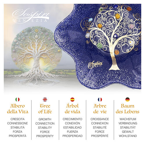 Blue Flower Centerpiece Bowl with Murano Glass and Tree of Life in 24k Gold Leaf, 20x20 cm 2