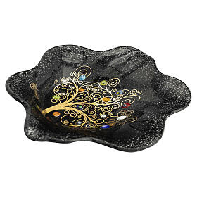 Black 7.5x7.5-inch flower-shaped Murano glass bowl with decorated Tree of Life