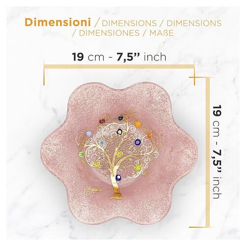 Cuenco rosa en vidrio de Murano 20x20 cm con silueta en forma de flor y Árbol de la Vida 3